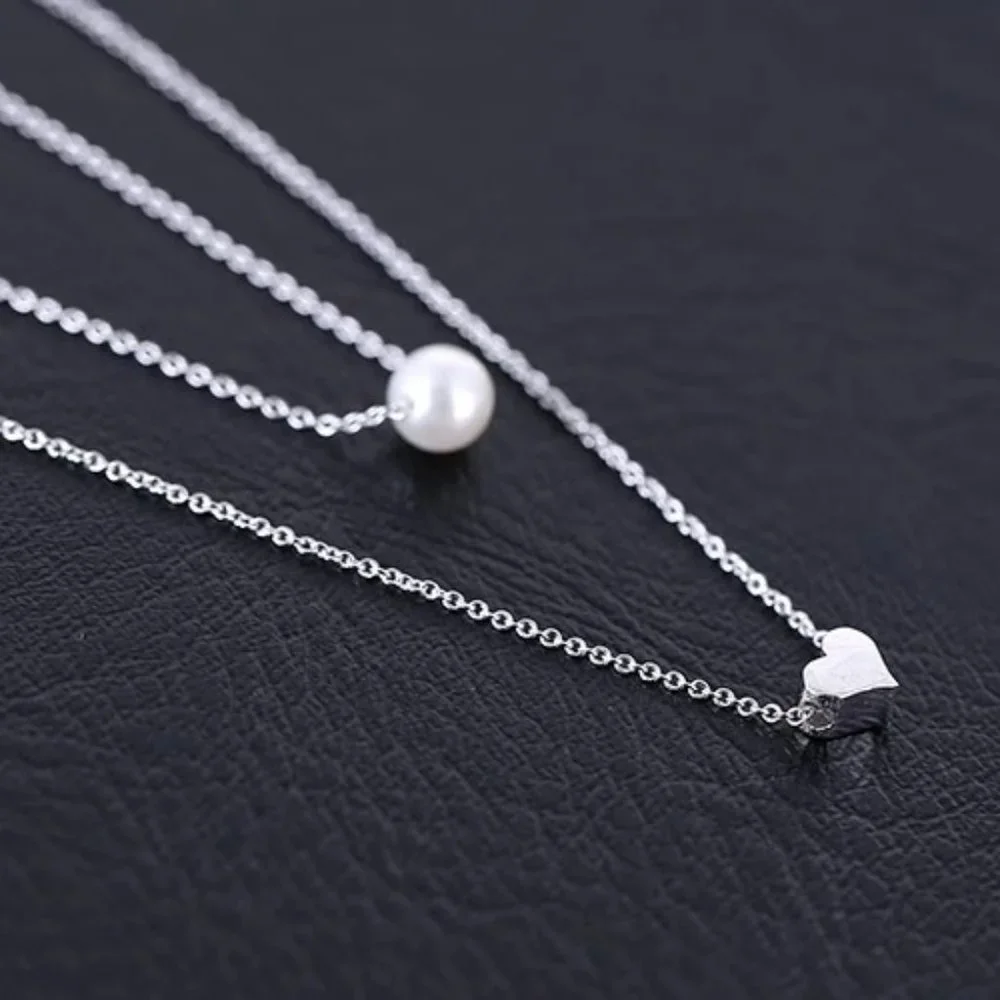 925 Sterling Silver Double Layer Pearl Heart Necklace - Picture 4 of 10